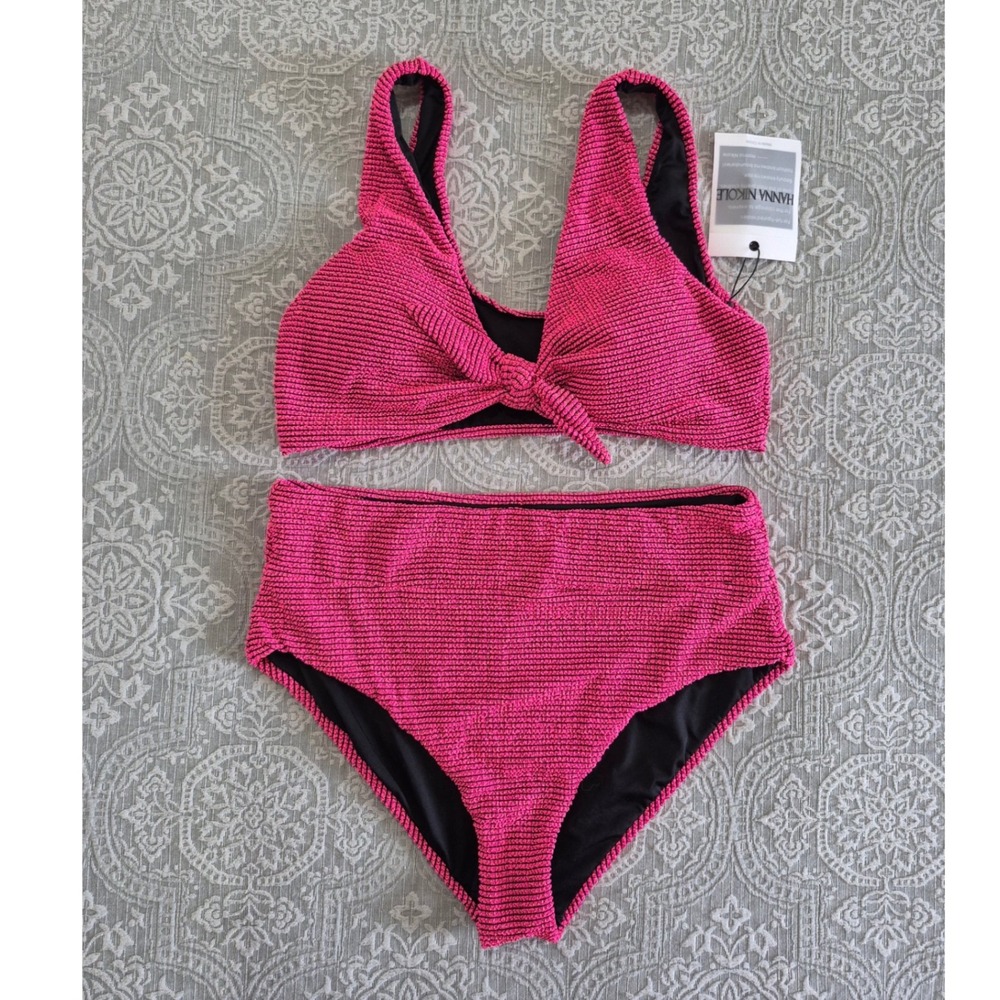 Hanna Nikole Womens XL Pink Metallic Textured Tie Front High Waist Bikini Set